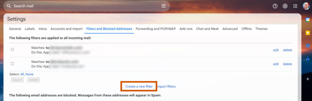 create new filter gmail