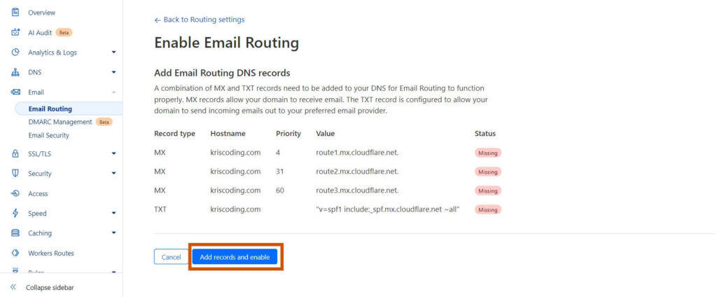 add records and enable email routing